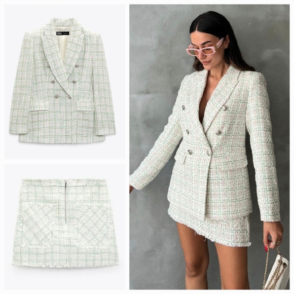 ZARA Set Double Breasted Textured Weave Tweed Jacket and Skort - Picture 2 of 15